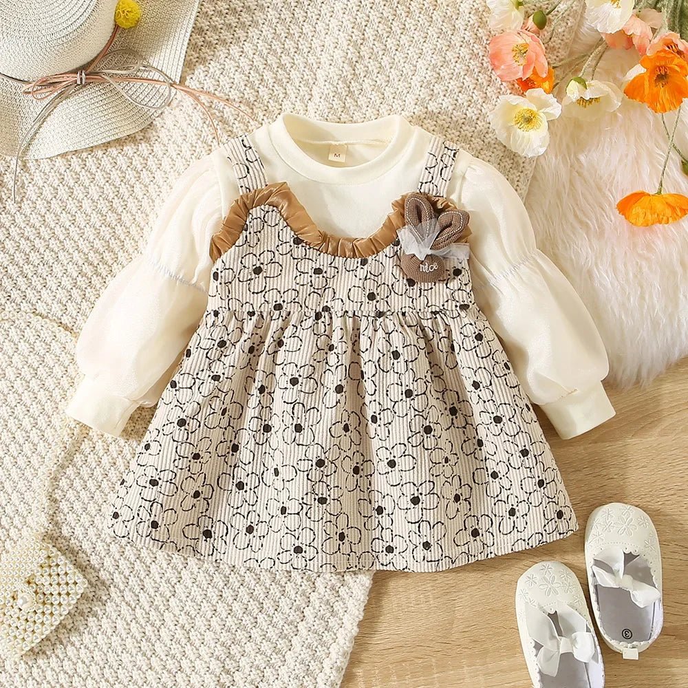 Girls Floral Puff Sleeve Autumn Dress | Bunny Lace Baby Girl Dress 9M - 3Y - lily supply
