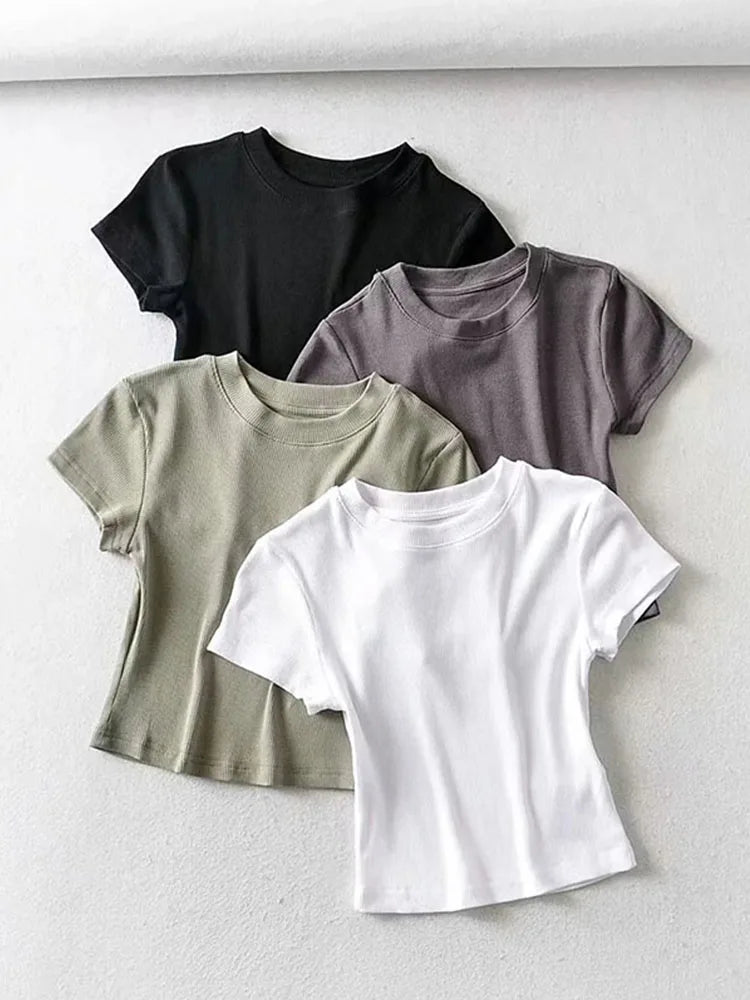 Women's O-Neck Slim Elastic Skinny Crop Top