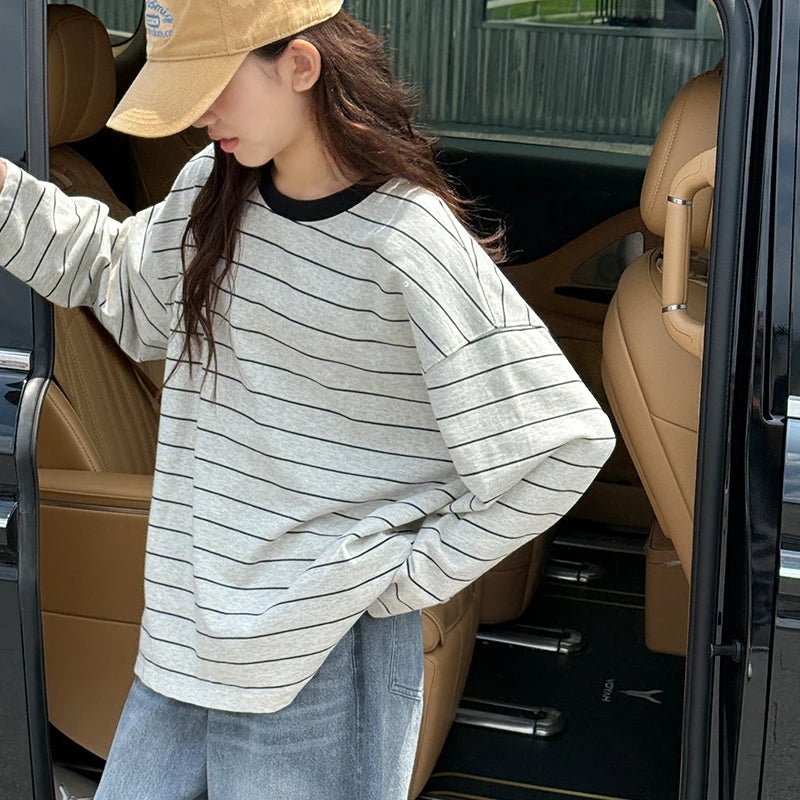 Girls' long sleeved T-shirt 2025 autumn outfit new children's striped casual top, girls' versatile spring and autumn base shirt - lily supply