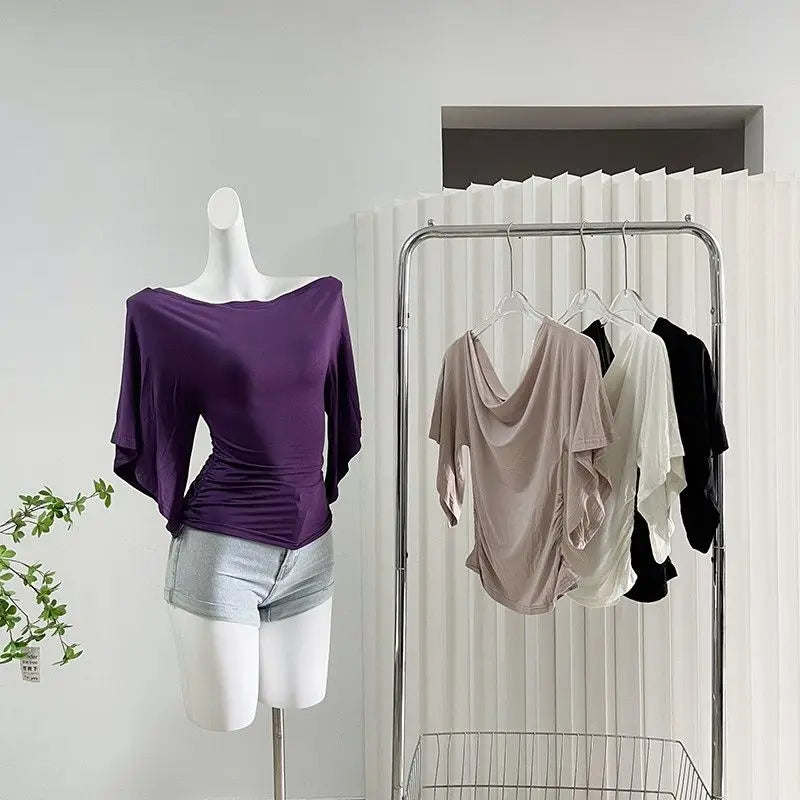 Women's Batwing Off Shoulder Cowl Neck Top - Korean Chic Tshirt