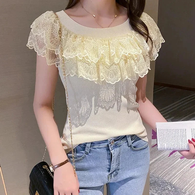 Women's Casual Lace T-Shirt Korean Fashion