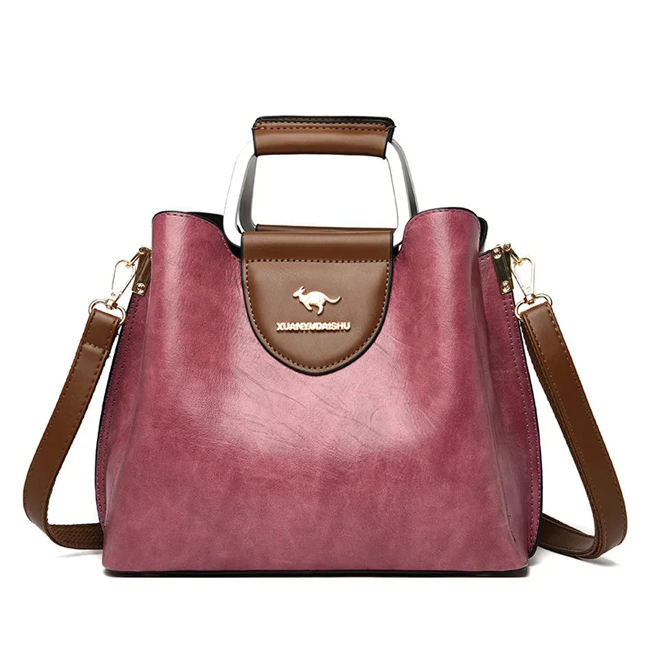 Women's 3-Layer Oil Skin Leather Luxury Designer Crossbody Tote Bag
