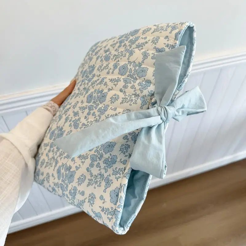 Blue Floral Bow Cotton Linen Tote Bag - Lightweight Daily & Beach Shoulder Bag - lily supply