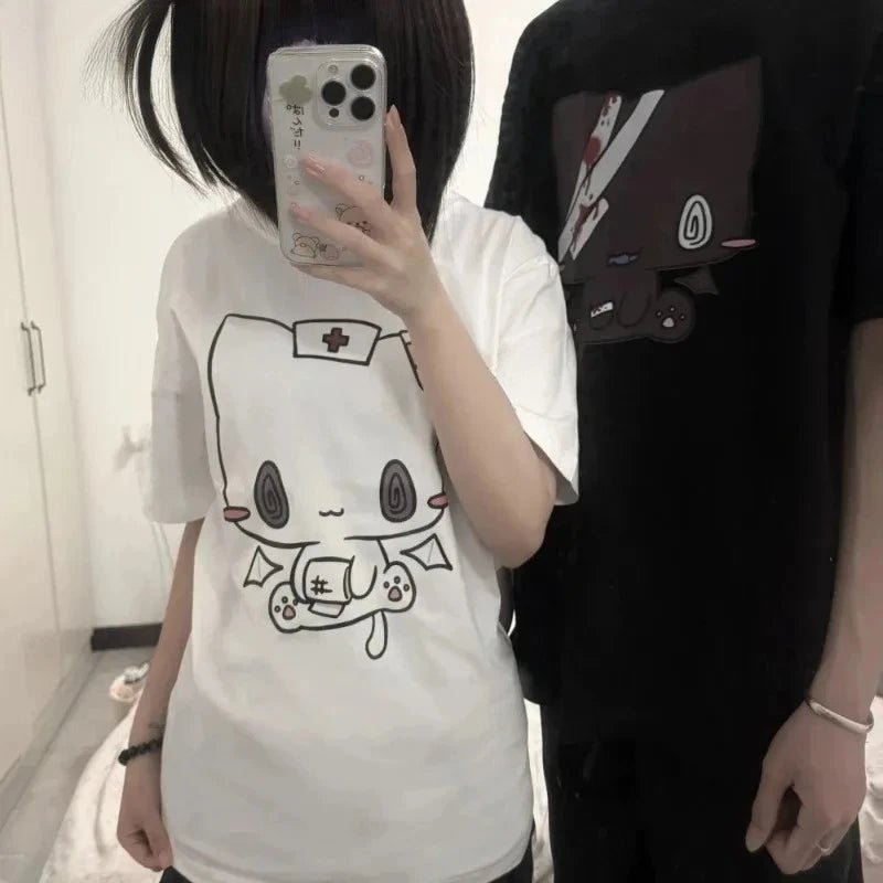 Women T Shirts Cartoon Printed Funny Couple Sweet Short Sleeve O Neck Loose Y2k Harajuku Tops Female Casual Tshirt - lily supply