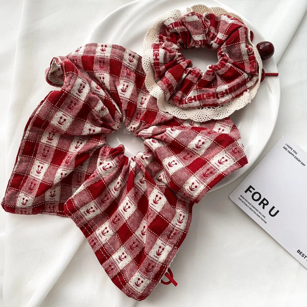 Red Check Cherry Lace Scrunchie - Sweet Square Scarf Hair Rope - lily supply