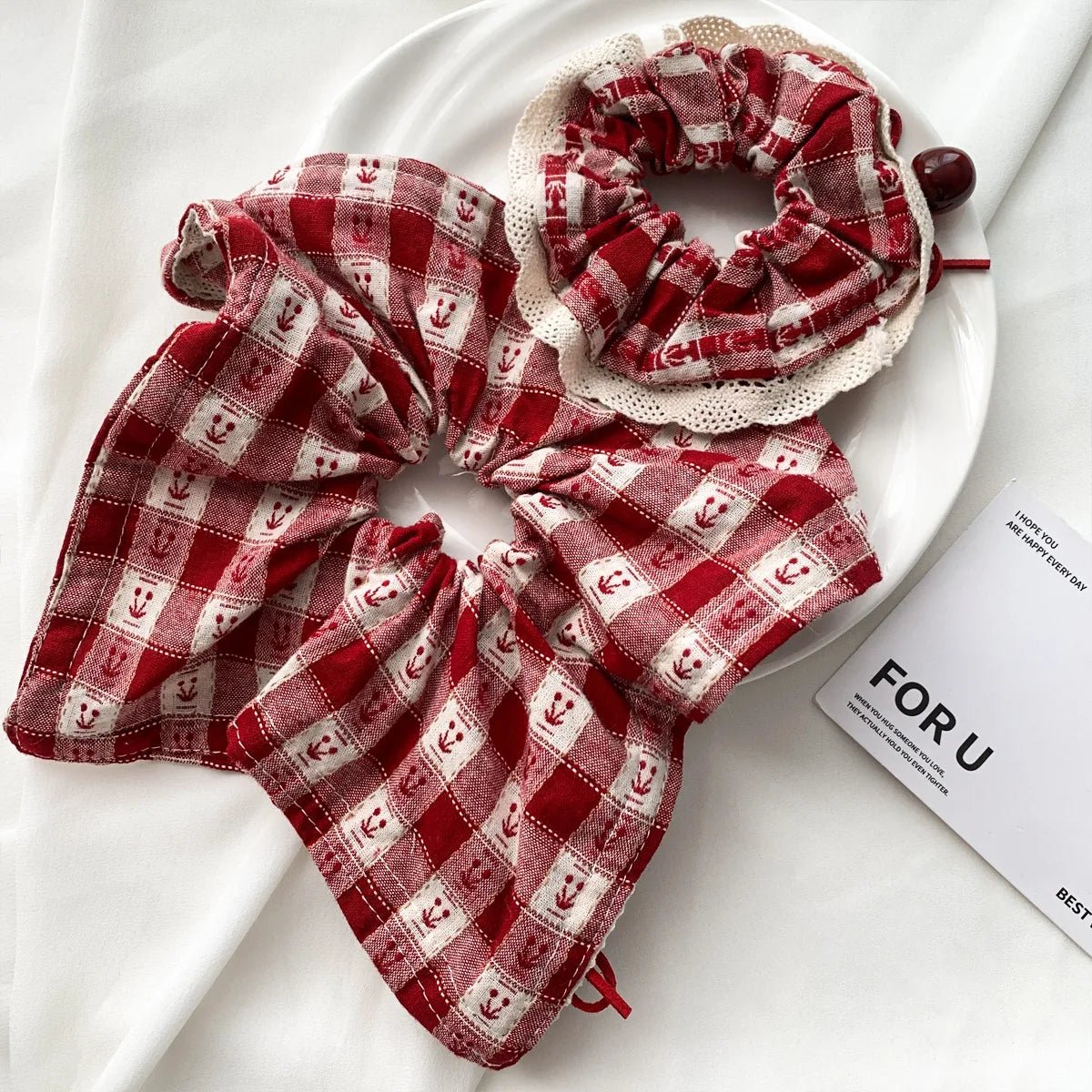 Red Check Cherry Lace Scrunchie - Sweet Square Scarf Hair Rope - lily supply