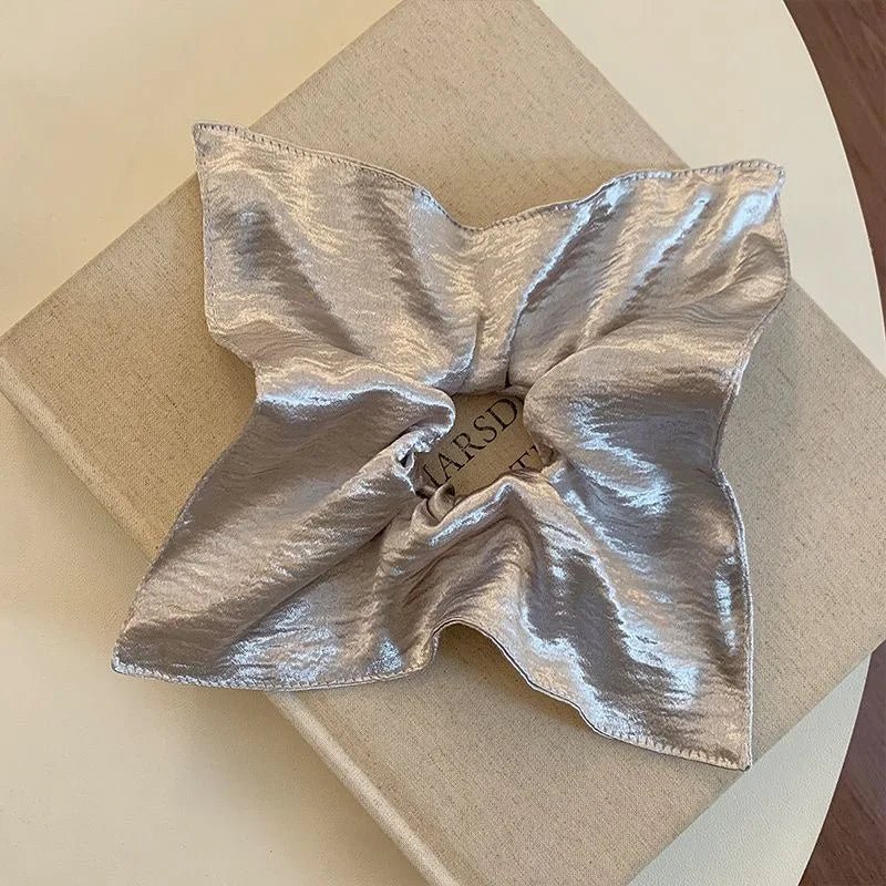 Korean Silver Square Shiny Fabric Scrunchie - Oversized Retro Ponytail - lily supply