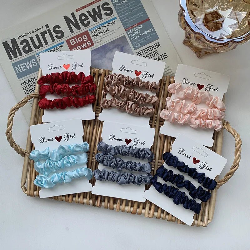 3pcs Silk Satin Solid Colour Pleated Scrunchies Set - lily supply