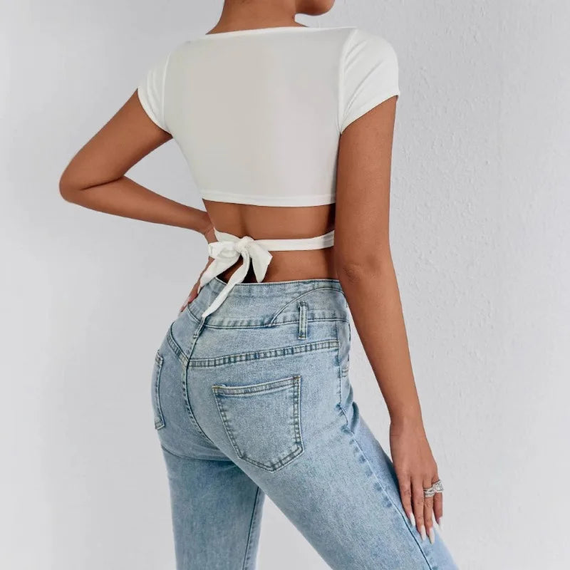 Women's V-Neck High Waisted Push Up Crop Top