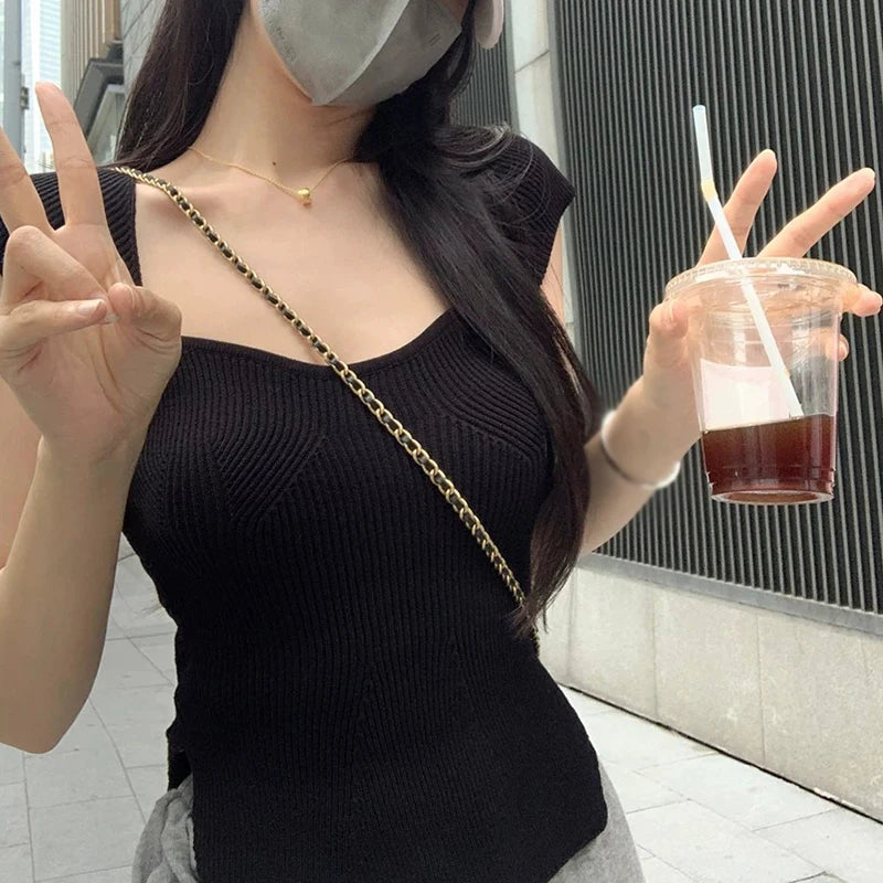 Women's Square Neck Knit Slim Split Top