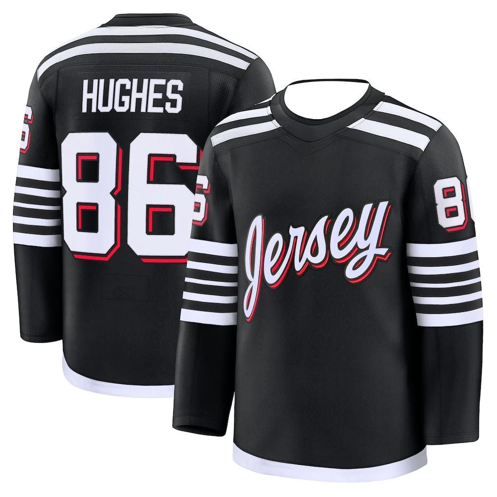 Hockey Jersey - Black with White/Red Accents "Hughes 86" Script "Jersey" Logo Comfortable Base Layer for Autumn and Winter - lily supply