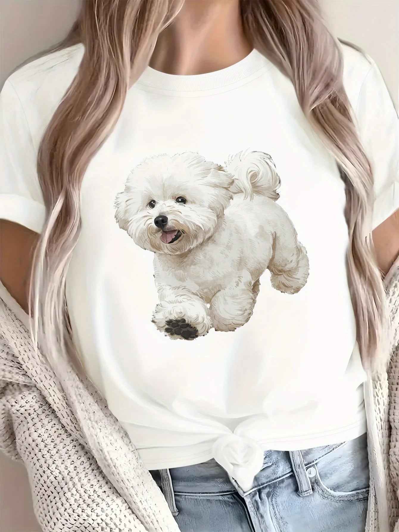 Women's White Cute Bichon Frise Graphic T-Shirt Soft Breathable Solid Color Everyday Casual Top Animal Print graphic t shirts