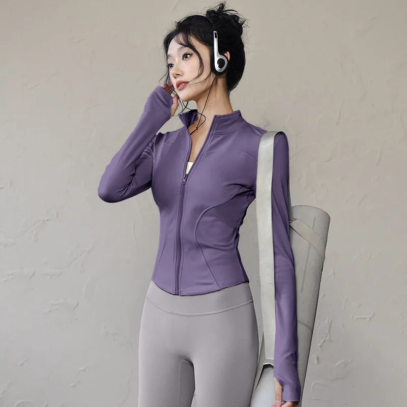 Women's Zip Yoga Running Cycling Jacket - Long Sleeve Gym Activewear Coat