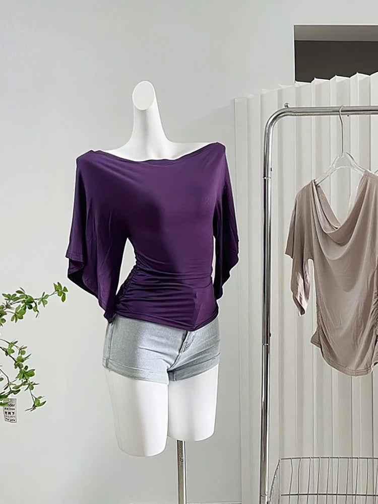 Women's Batwing Off Shoulder Cowl Neck Top - Korean Chic Tshirt