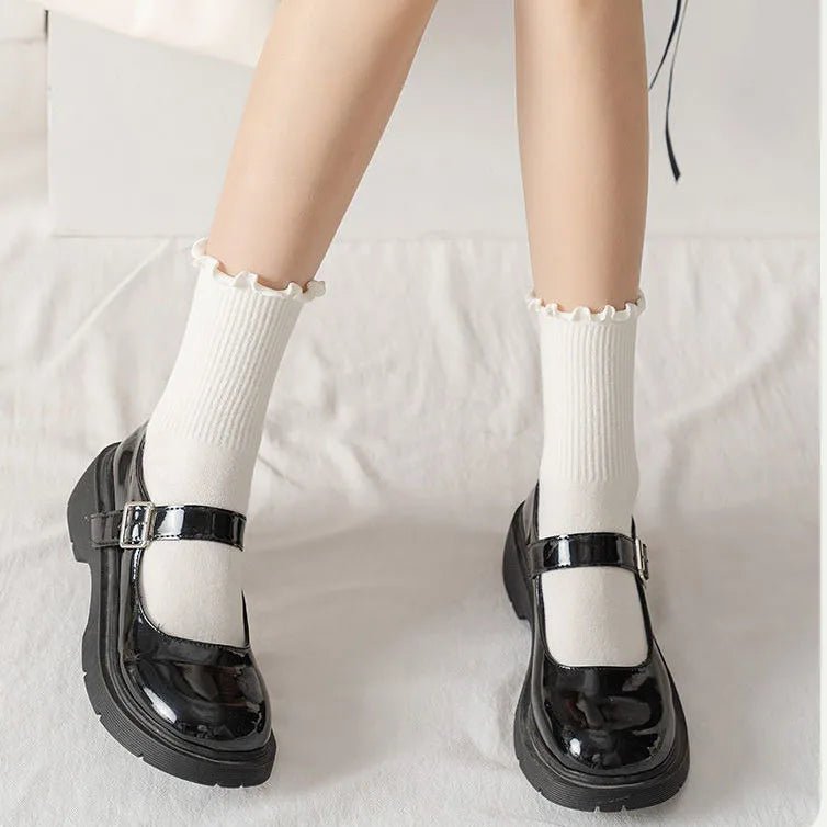 Women's Ruffle Mid Tube Ankle Socks - Breathable Cotton Black White Beige - lily supply