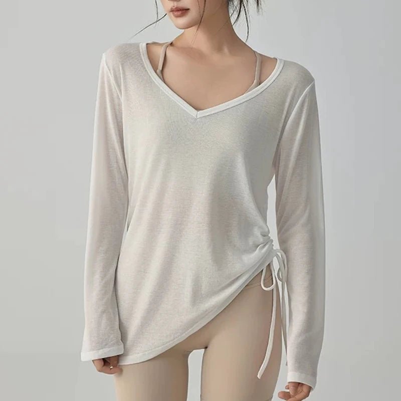Women's yoga sports T-shirt, drawstring light thin sports loose hip covering irregular fitness long sleeved cover shirt - lily supply