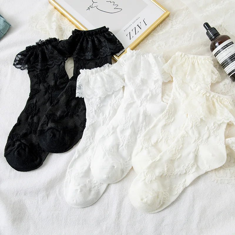 Women's Lolita Lace Ruffle Mesh Socks - Black White Sweet Japanese Fashion - lily supply