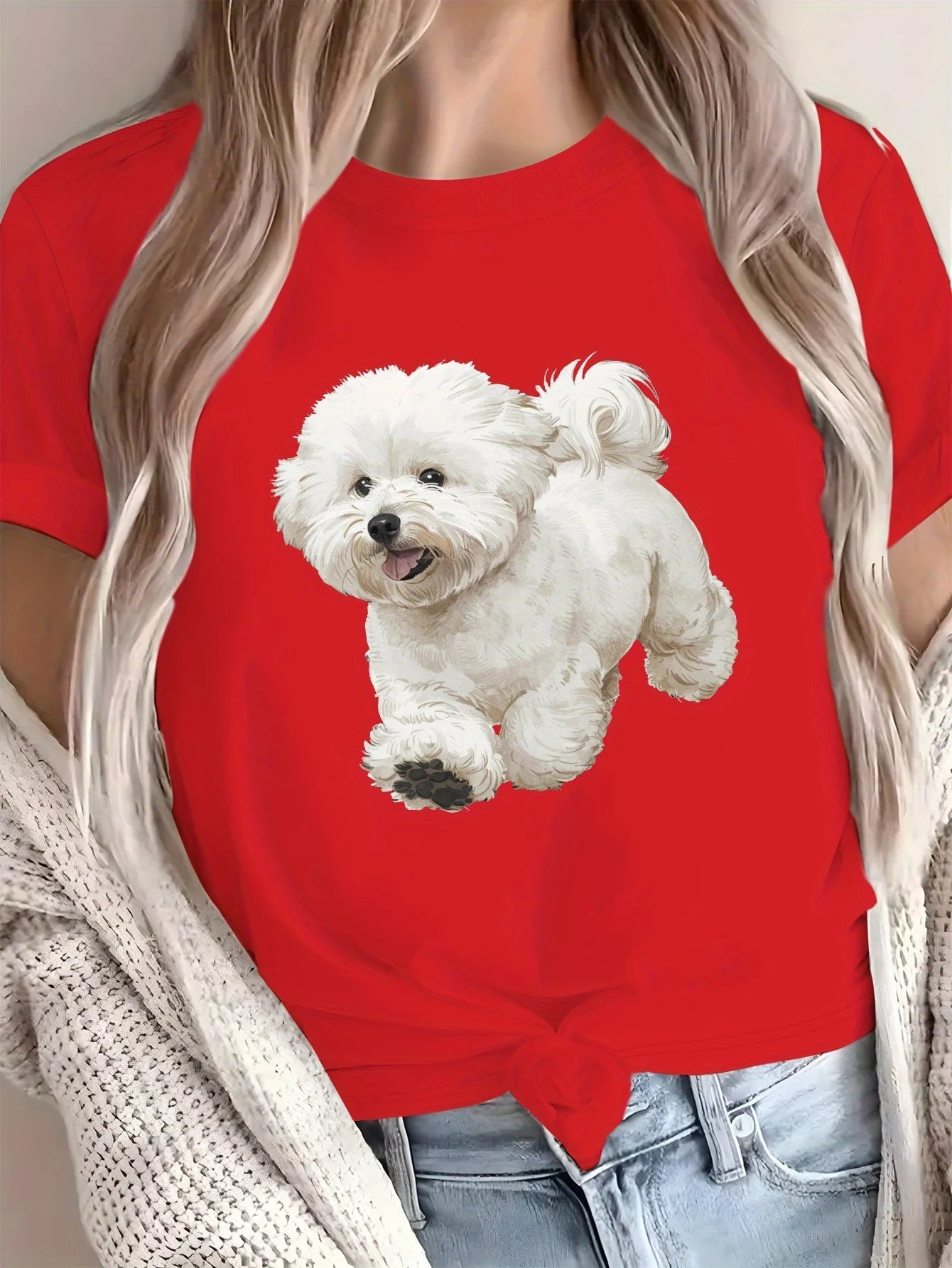 Women's White Cute Bichon Frise Graphic T-Shirt Soft Breathable Solid Color Everyday Casual Top Animal Print graphic t shirts