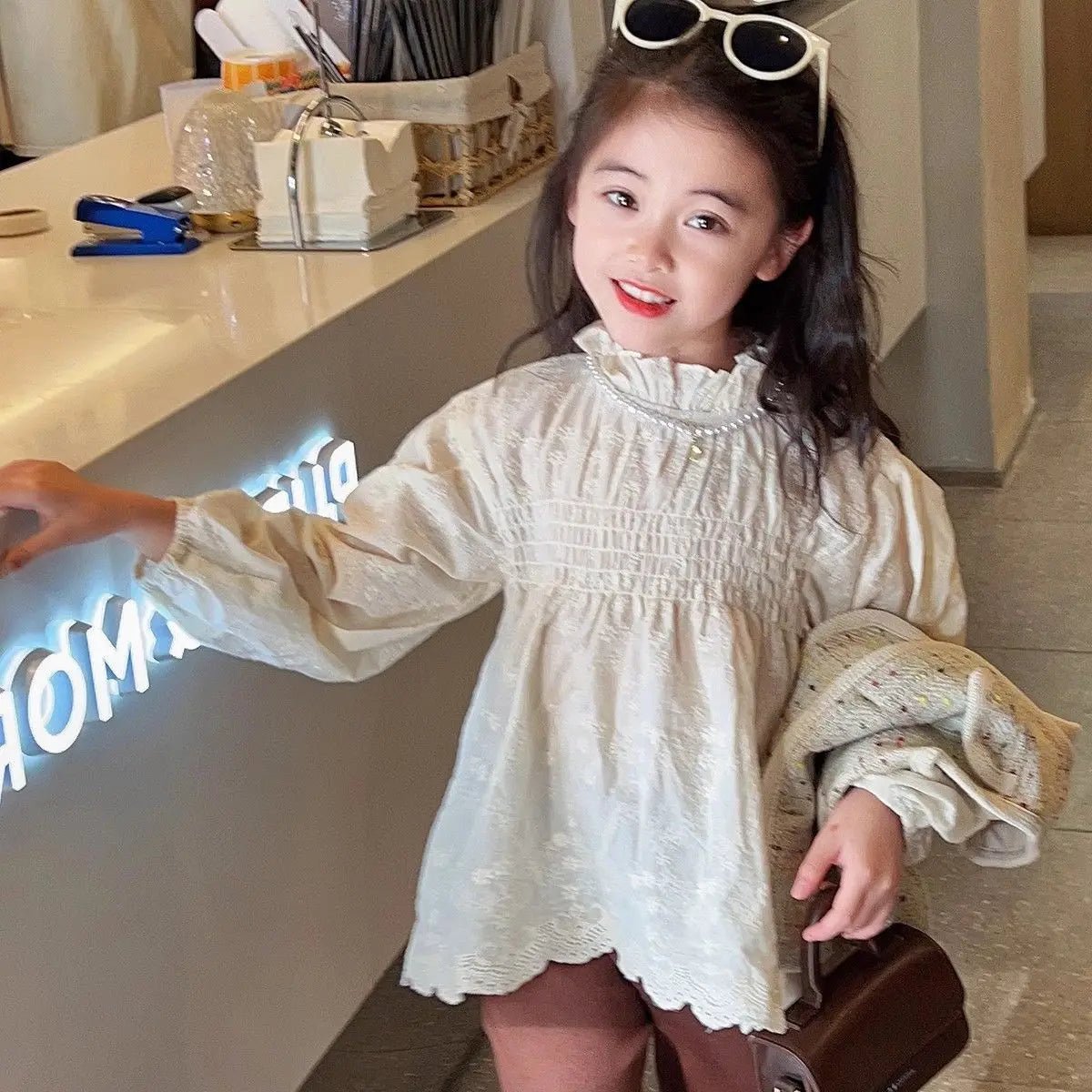 Girls shirt stand - up collar embroidered dark flower pleated top coat 2025 autumn clothes new children's clothing 3 - 8 years old - lily supply