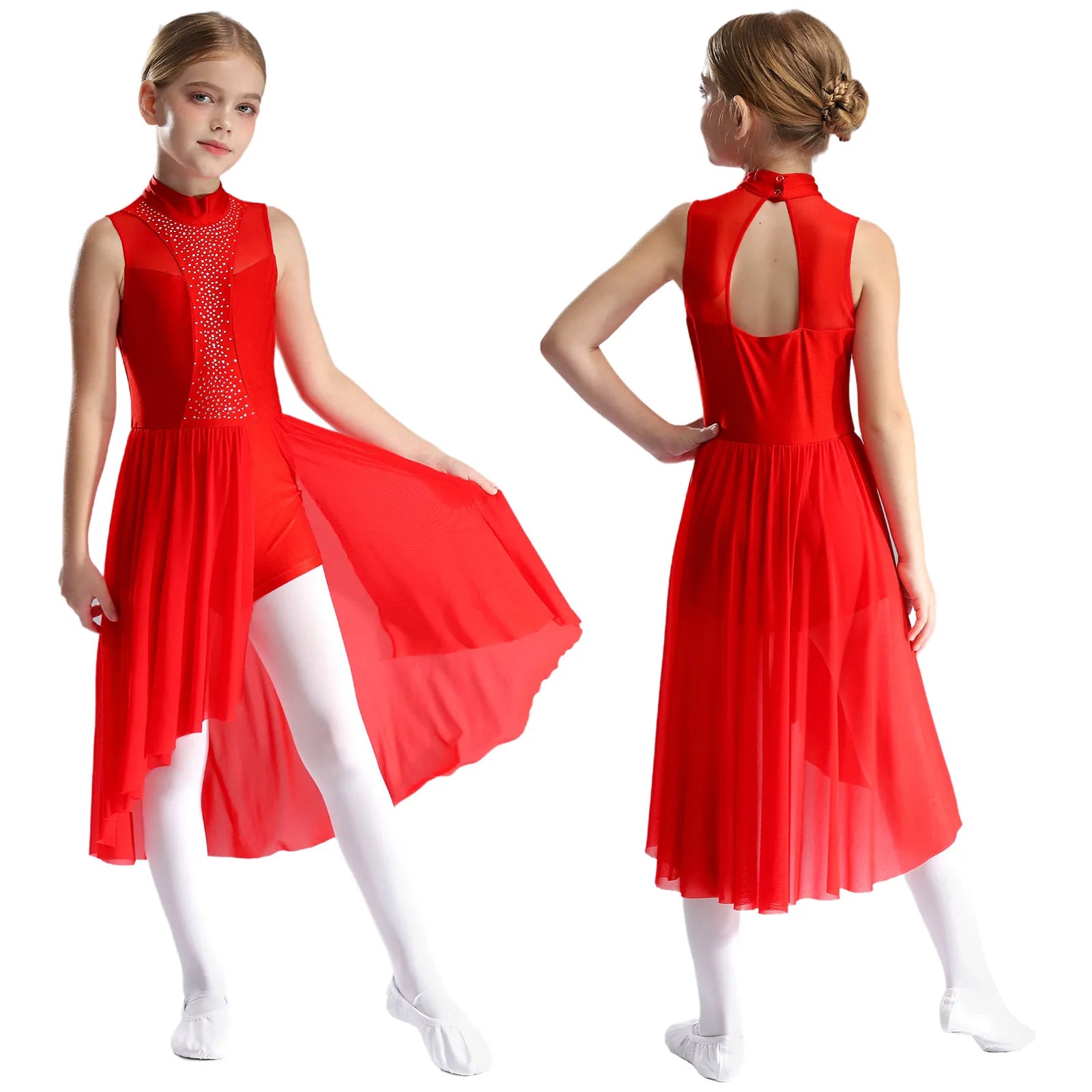Girls Lyrical Dance Dress | Rhinestone Mesh Keyhole Back Leotard Costume Size 6 - 16 - lily supply