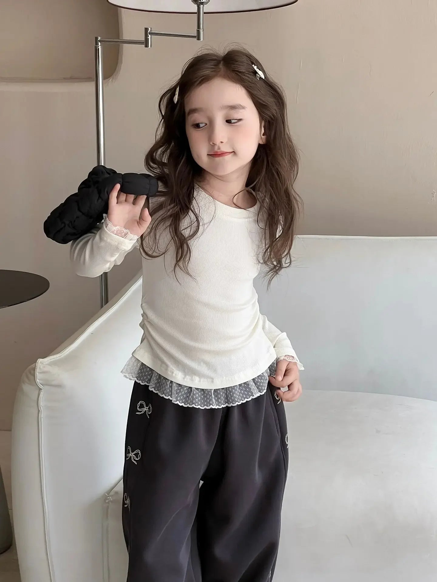 Girls Lace T-shirt 2024 Autumn New Slim - fit Top Children's High - elastic Knitted Top - lily supply