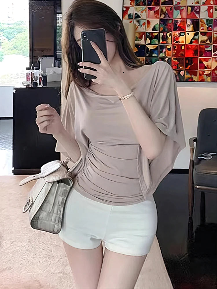 Women's Batwing Off Shoulder Cowl Neck Top - Korean Chic Tshirt