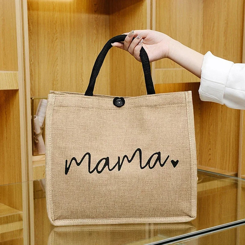 Mama Letter Print Linen Tote Bag - Large Capacity Baby Diaper Shoulder Bag