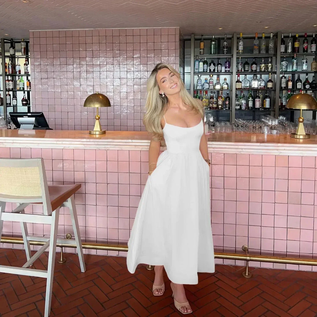 2025 Women's Dresses Pink Elegant and Pretty Midi White Vacation Dress Spaghetti Strap Beach Dress A Line Party Dresses - lily supply