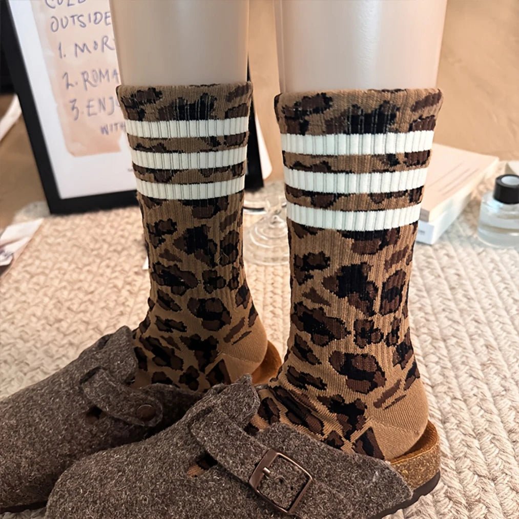 4 Pairs Women's Striped & Leopard Print Socks - Soft Breathable Fashion Mid Tube - lily supply
