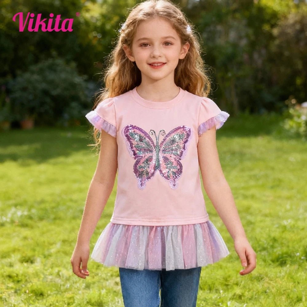 Girls Pink Flare Sleeve T Shirt Kids Sequined Colorful Butterfly Appliqued Ruffle Tees Kids Parties Casual Outings Cotton Tops - lily supply