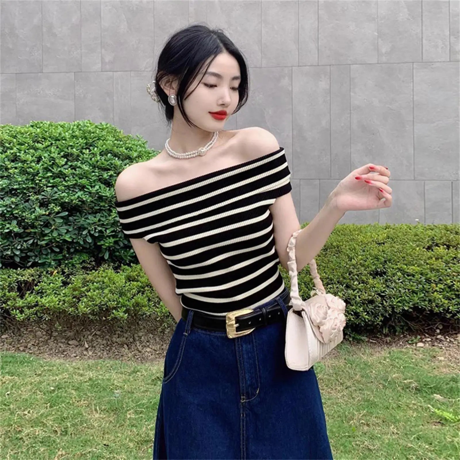 Women's Striped Knitted T-Shirt - Sexy Off Shoulder Short Sleeve Slim