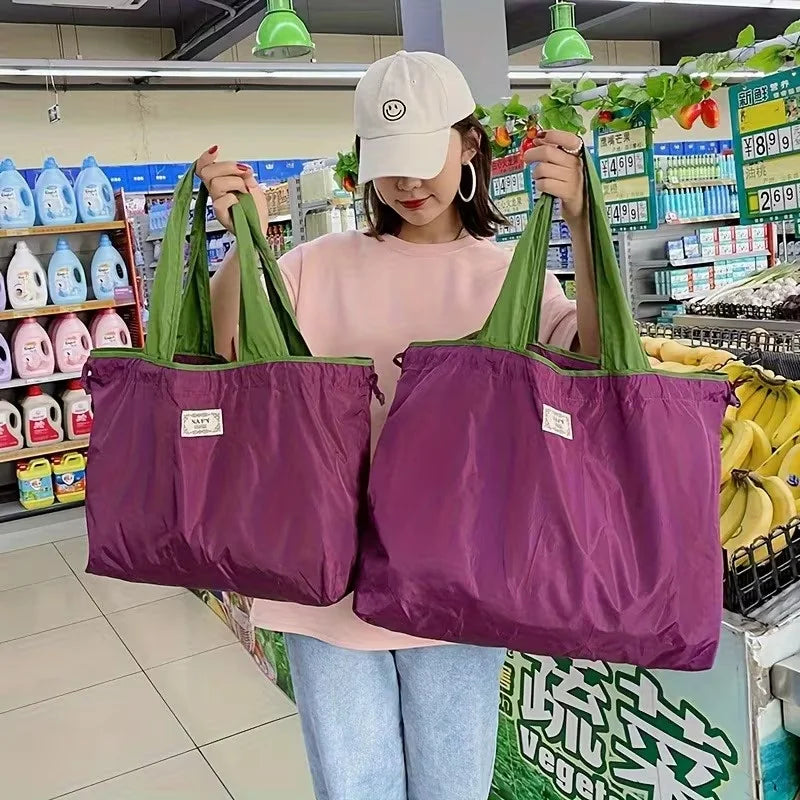 Large Foldable Tote Bag - Geometric Print Drawstring for Grocery Gym Travel