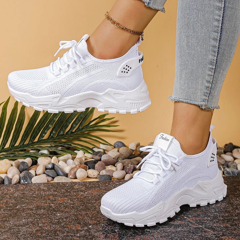 Fashion Knitted White Sneakers for Women Summer Mesh Breathable Platform Sports Shoes Woman Thick Bottom Non Slip Running Shoes - lily supply