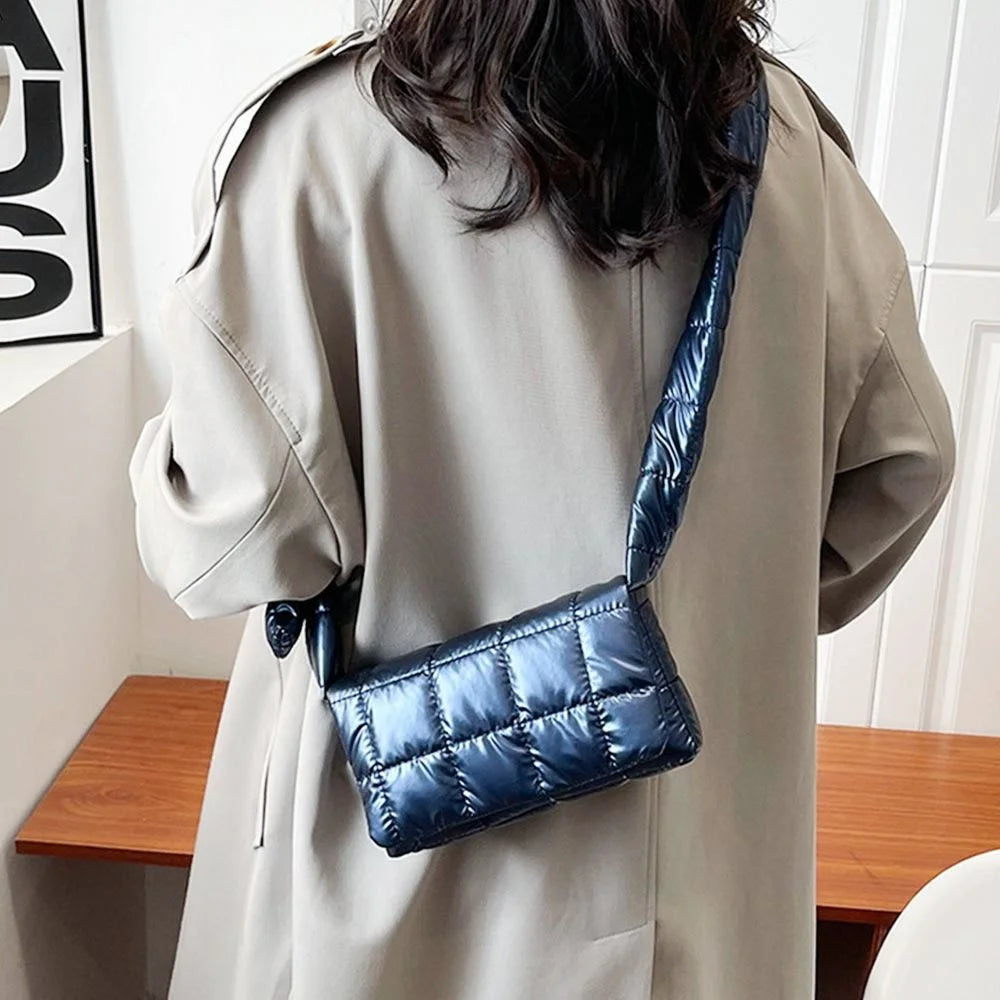Fashion Quilted Padded Tote Bag - Warm Down Cotton Plaid Shoulder Bag