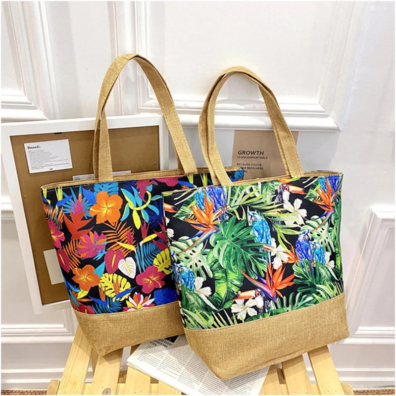 Women's Floral Printed Beach Shopping Large Capacity Tote Bag