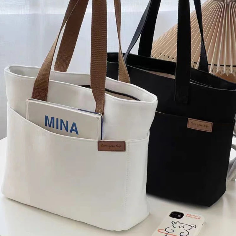 Women's 2-Layer Canvas Tote Bag - Large Capacity Student Commute Bag