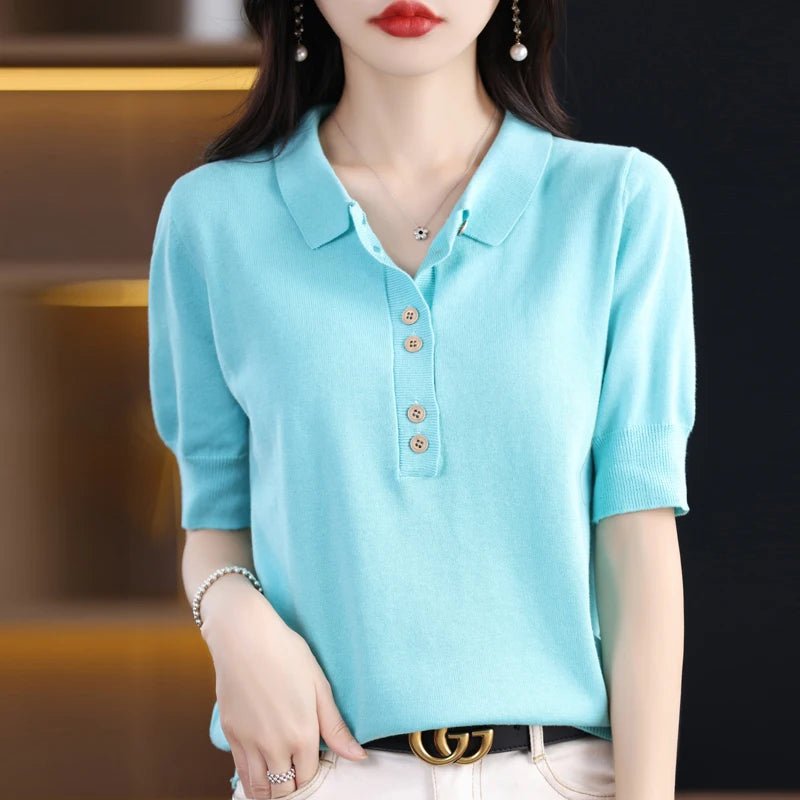 Women's T-shirt Summer 100% Cotton Sweater Short Sleeve Casual Knitwear POLO Collar Ladies' Tops Loose Pullover Tees Buttons - lily supply