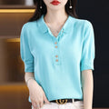 Women's T-shirt Summer 100% Cotton Sweater Short Sleeve Casual Knitwear POLO Collar Ladies' Tops Loose Pullover Tees Buttons - lily supply