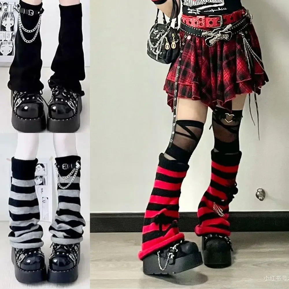 Black White Lolita Long Socks Knitted Japanese Winter Socks Gothic Women's Striped Leg Warmers Arm Ankle Warmers Wide Legs Cover