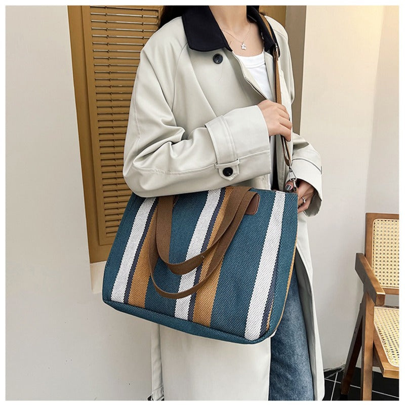 Women's Striped Canvas Crossbody Shoulder Bag - Large Tote 2023