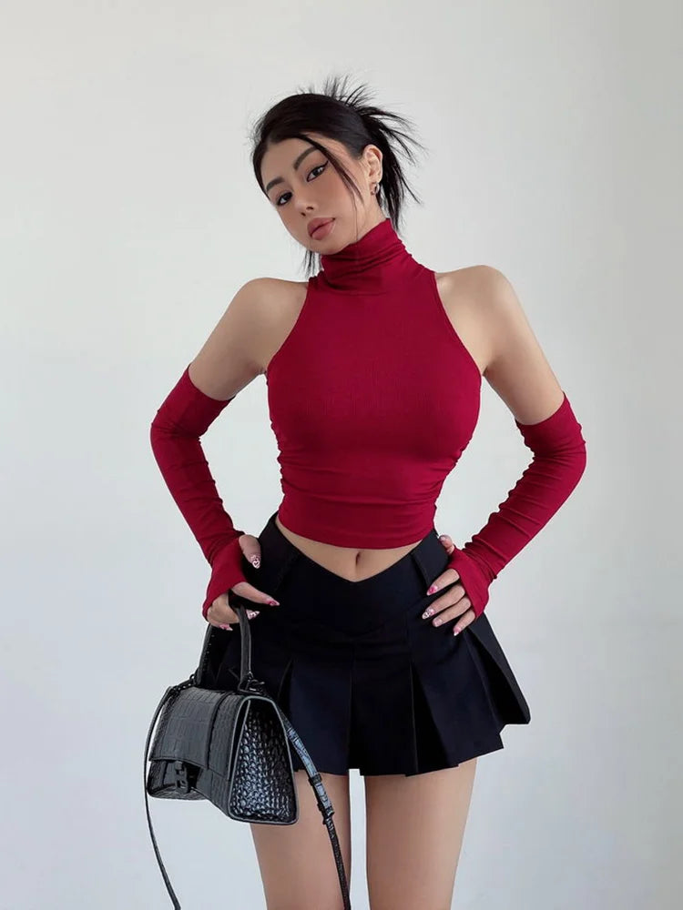 Women's High Neck Pleated Y2K Crop Top