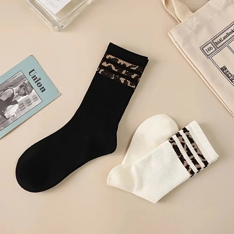 4 Pairs Women's Striped & Leopard Print Socks - Soft Breathable Fashion Mid Tube - lily supply