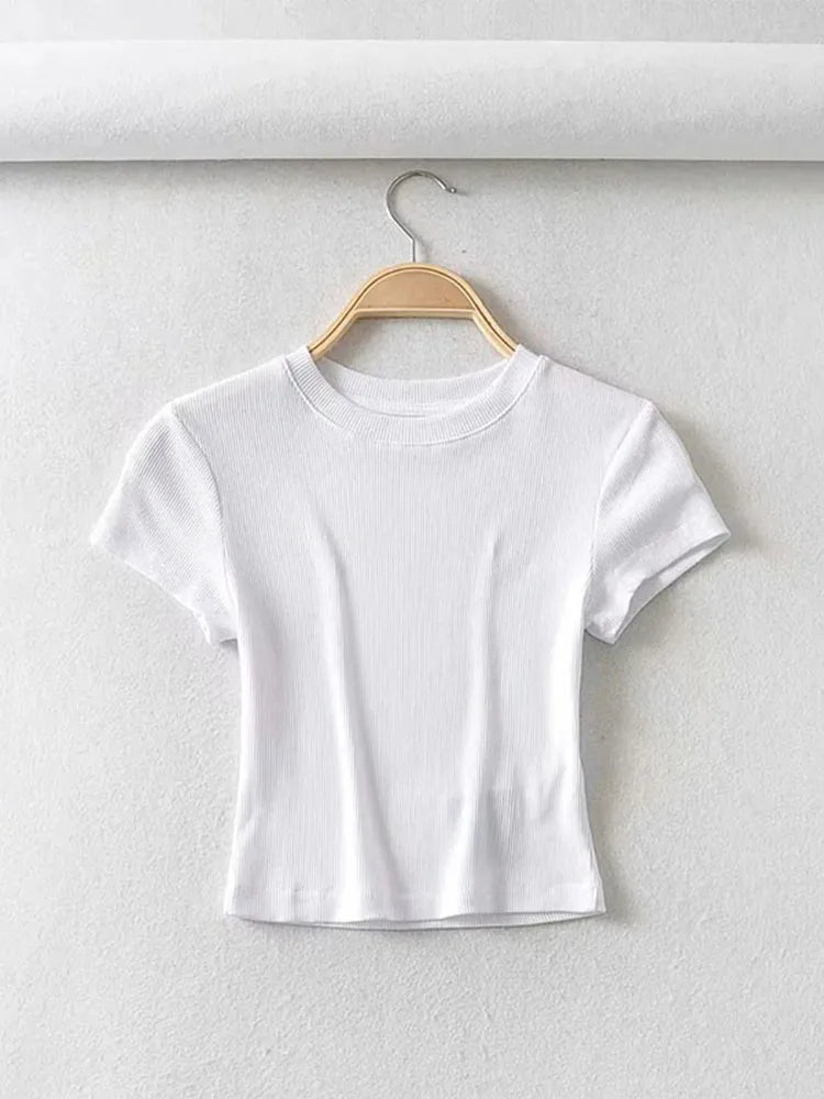 Women's O-Neck Slim Elastic Skinny Crop Top