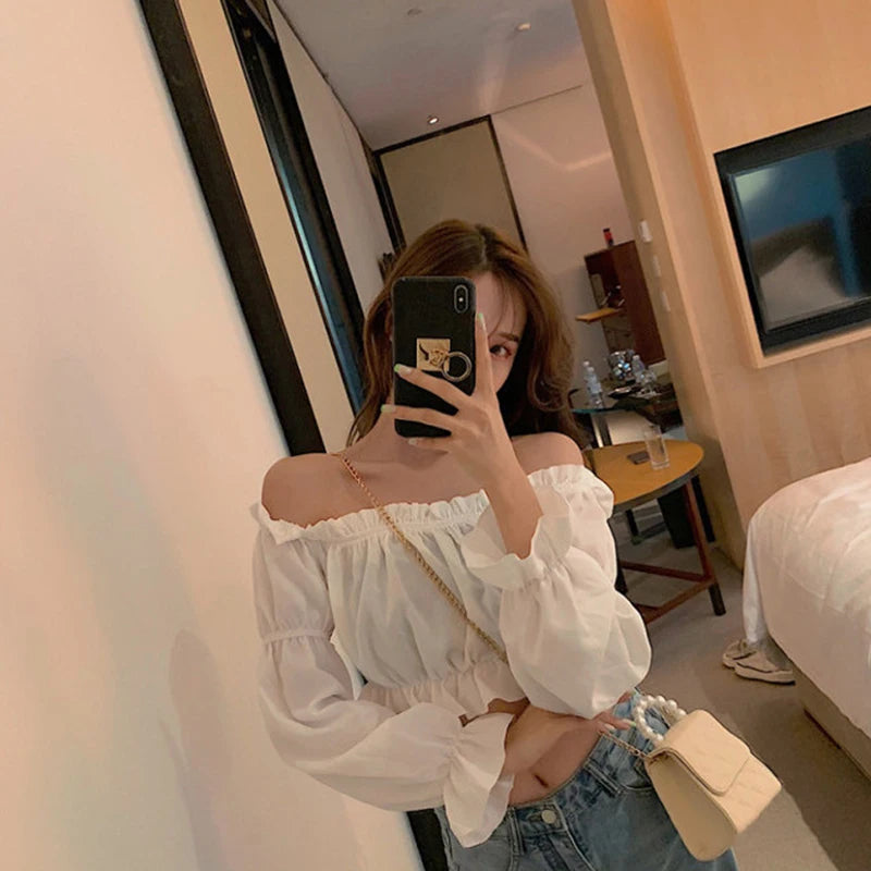 Women's Puff Sleeve Off Shoulder Crop Top - Ruffle Tunic Blouse