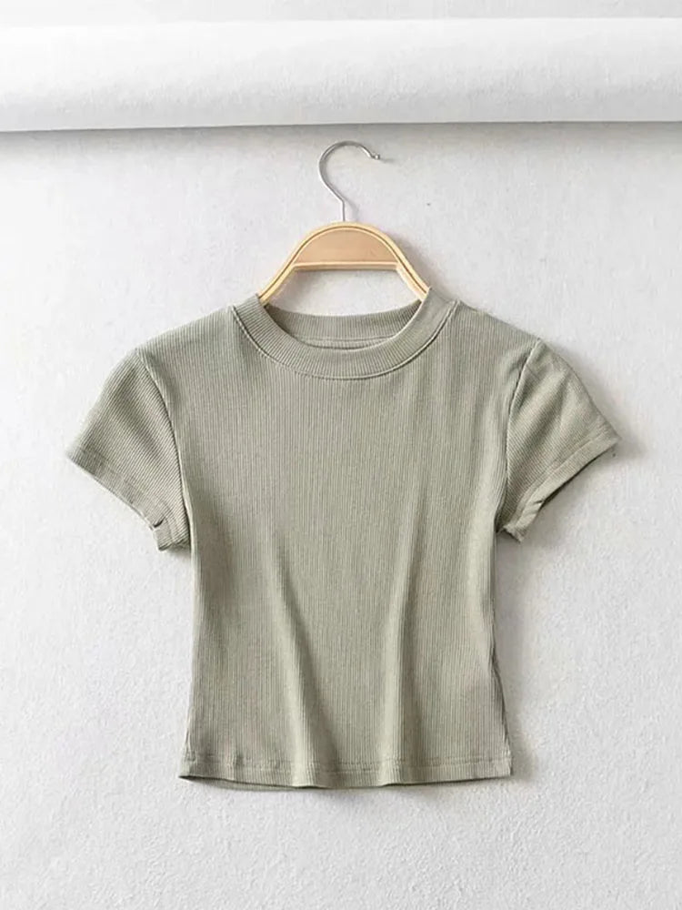 Women's O-Neck Slim Elastic Skinny Crop Top