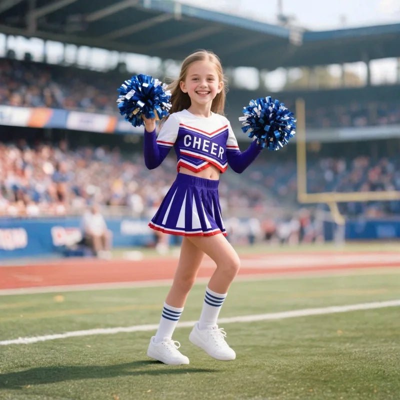 3 - 12Y Girls Cheerleader Dress (With Hand Flower) Printed Letter T-Shirt Football Game Festival Cosplay Clothing Blue Red Skirt - lily supply