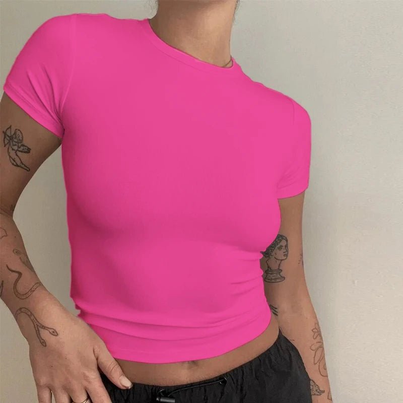 Woman Clothing Short Sleeve T-shirt Slim Fit Tops Female O - Neck Knitted Sheath Tee Shirt Street Wear Sex Sporty 2024 Y2K New2410 - lily supply