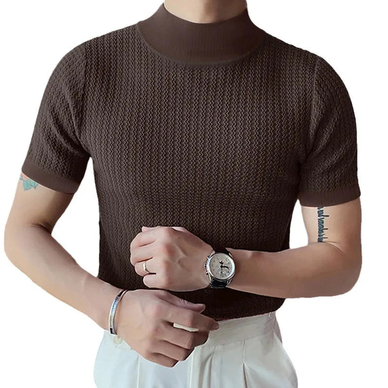 Men's High Neck Knitted Water Ripple T-Shirt
