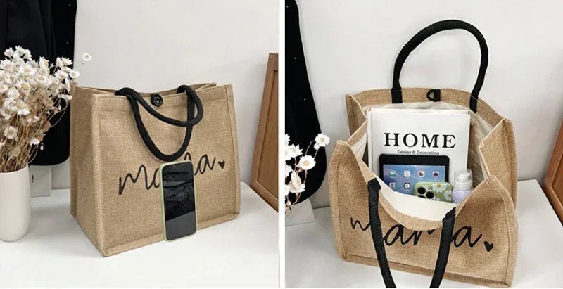 Mama Letter Print Linen Tote Bag - Large Capacity Baby Diaper Shoulder Bag - lily supply
