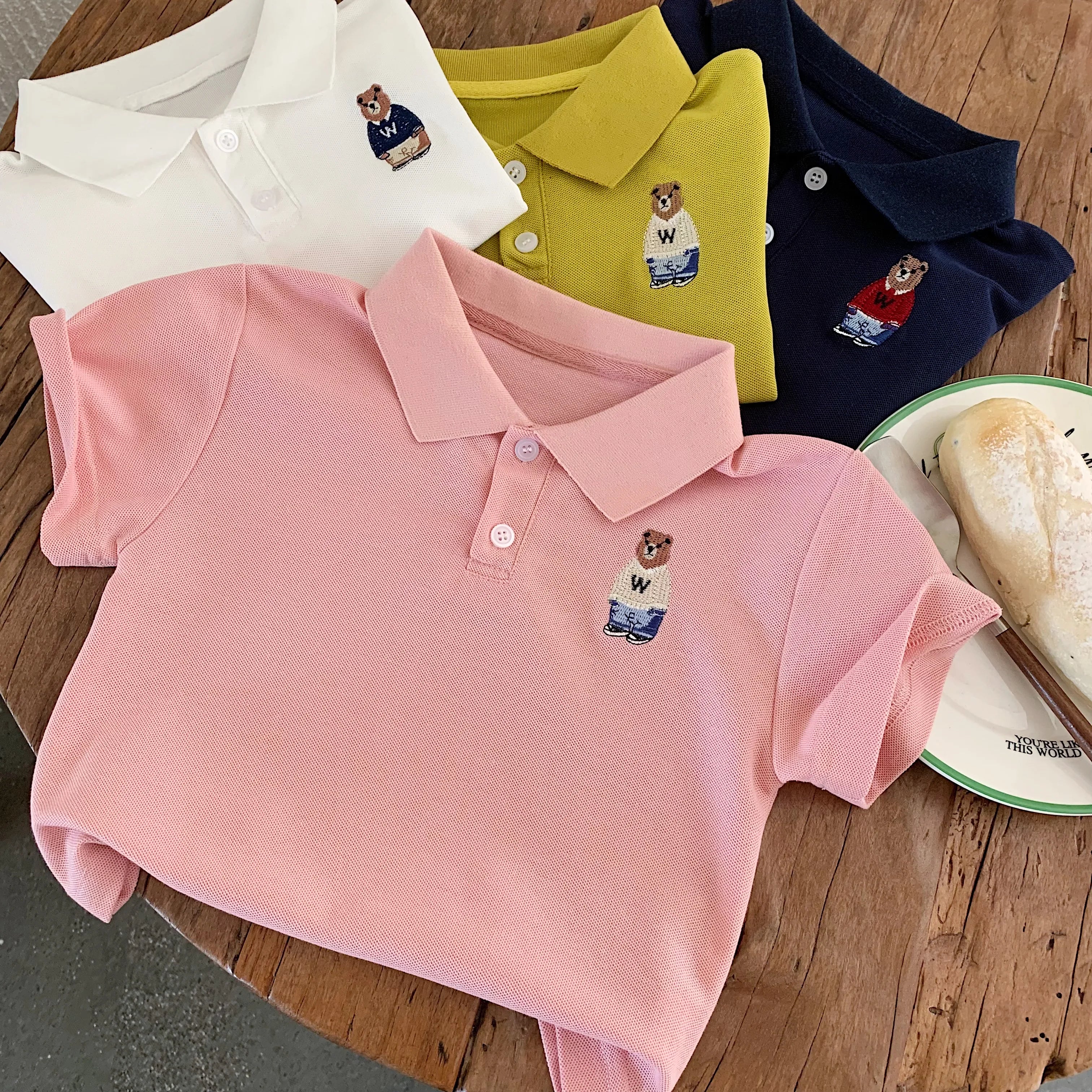 Kids Cartoon Bear Print Polo Shirt